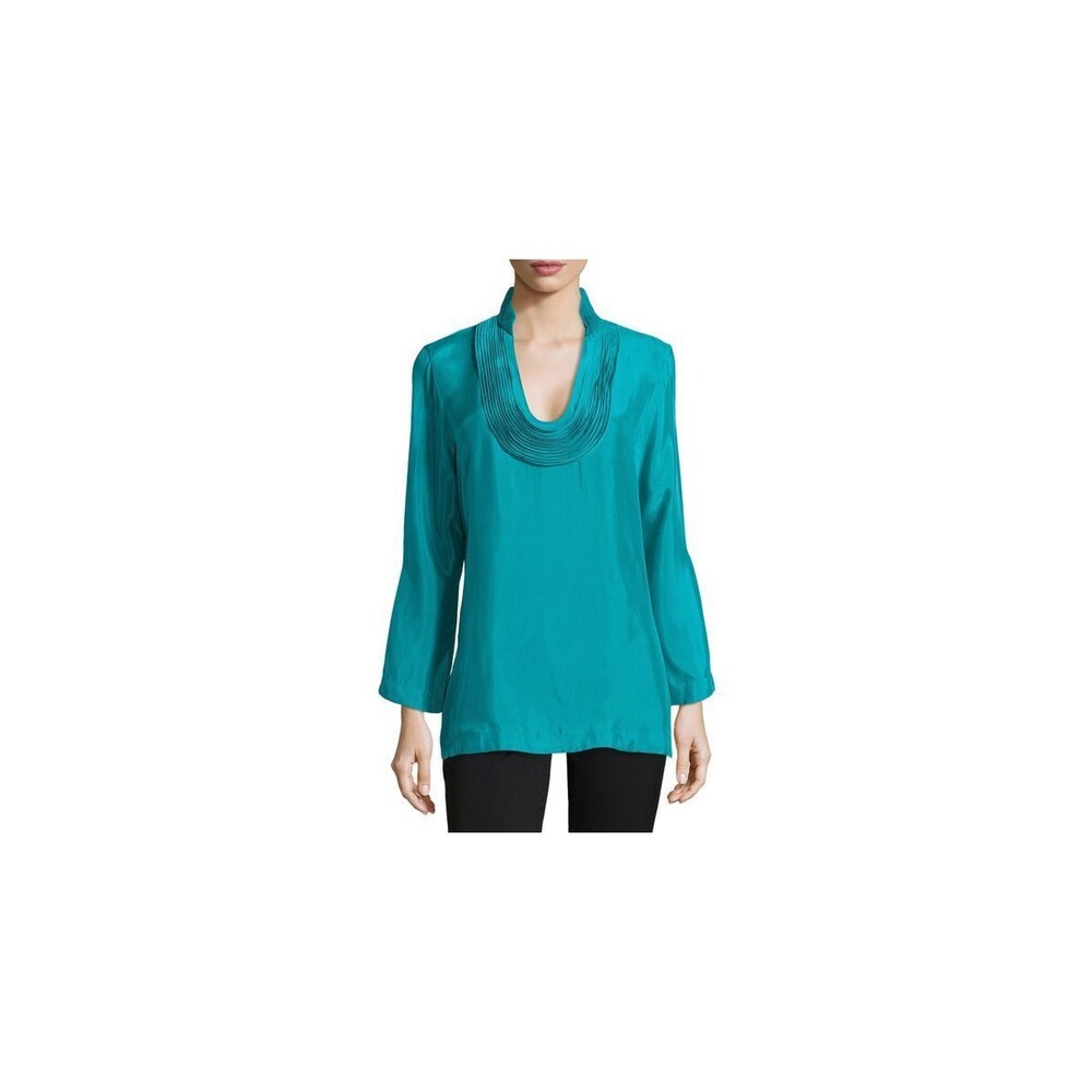 New Womens Josie Natori M Aqua Blue Teal NWT $395 Cupro Tunic Top Layered Silk
